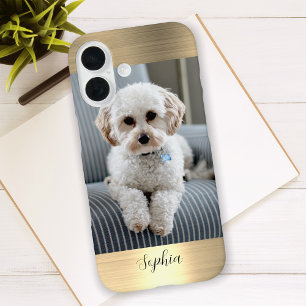 Coques iPhone 16 Votre photo, métal doré faux et nom en écriture cu