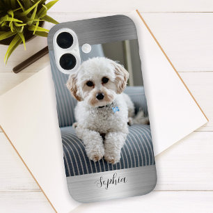 Coques iPhone 16 Votre photo, métal faux argenté et nom en écriture