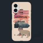 Coques iPhone 16 Voyage Aventure Début Voyage Poster sauvage<br><div class="desc">Un loup solitaire se tient près d'un panneau promettant une aventure avec le désert au-delà. Art moderne symbolique pour les voyageurs aventureux.</div>