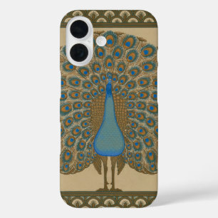 Coques iPhone 16 Walter Crane Blue Peacock avec sa queue écartée