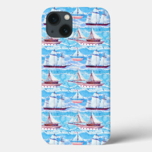 iPhone 13 Case Watercolor Sailing Ships Pattern