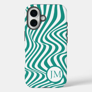 Coques iPhone 16 Wavy Abstract Teal with Initial 