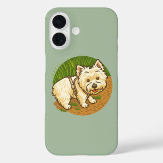 Coques iPhone 16 Westie heureux sur le sentier de la nature