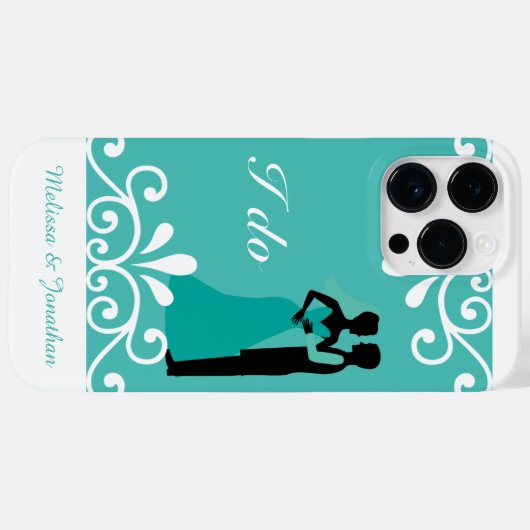 Coques Case-Mate iPhone White Swirls Bride Groom Turquoise Mariage élégant (Verso (horizontal))