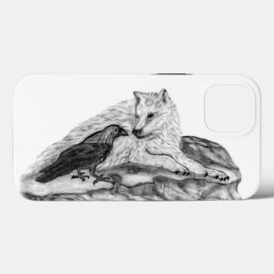 iPhone 13 Coque Wolf and Raven black and white design