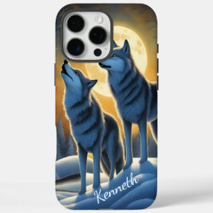 Coques iPhone 16 Pro Max Wolf hurlant sur la Lune dans la forêt