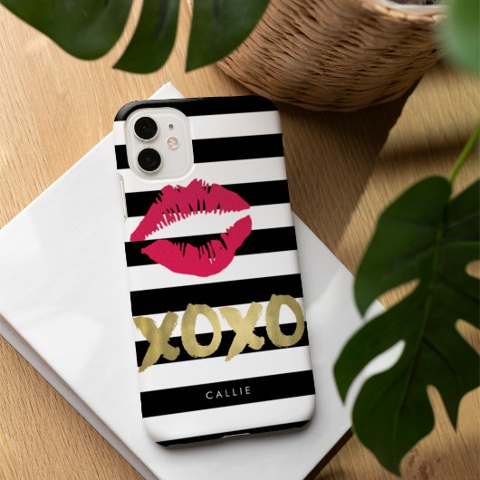 Coques Case-Mate iPhone XOXO Lip rose Imprimer Bande noire et blanche