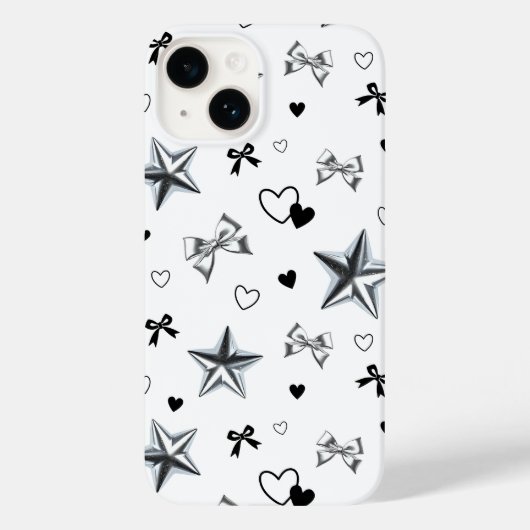 Coques Case-Mate iPhone Y2K Dark Coquette Silver Star Ribbon Heart Pattern (Verso)