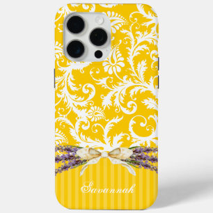 Coque iPhone 15 Pro Max Yellow Faux Rhinstone Personnalisé Damask iPhone