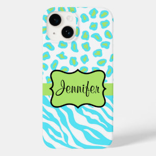 Coque Pour iPhone 14 Zebra et Cheetah Skin Turquoise bleu Nom vert