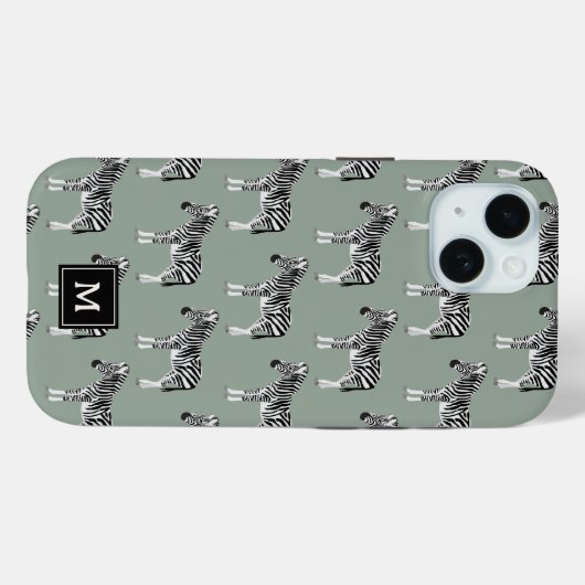 Coques Case-Mate iPhone Zebra Exotic Animal Motif Sage Green Monogramme (Verso (horizontal))