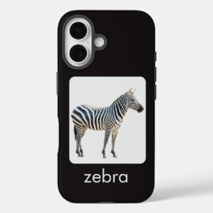 Coques iPhone 16 Zèbre sur fond blanc et noir avec texte