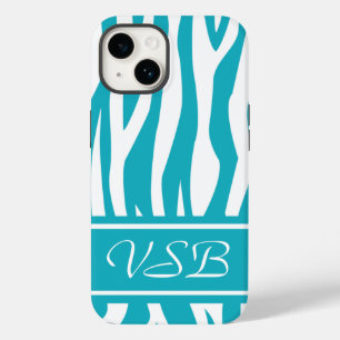 Coque Pour iPhone 14 Zèbre Turquoise Impression avec monogramme