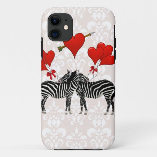 Coques Case-Mate iPhone Zèbres et coeurs sur damas rose (Dos)