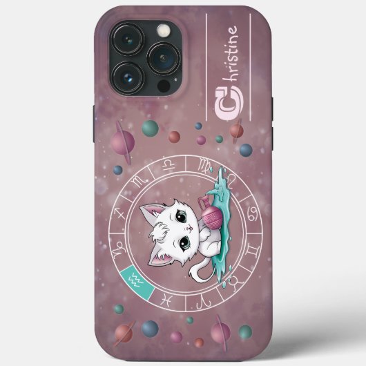 Coques Case-Mate iPhone Zodiac Aquarius Cute Chat Roue Planète Astrologie (Verso)