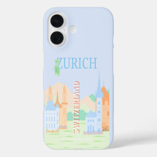 Coques iPhone 16 Zurich Travel Art, Suisse, Blue Retro Travel