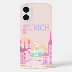 Coques iPhone 16 Zurich Travel Art, Suisse, Pink Retro Travel