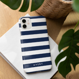 Coques Pour iPhone Modern Navy and White Stripe Personalized