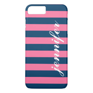 Etui iPhone Case-Mate Pink and Navy Stripes Custom Script Monogramme Nom