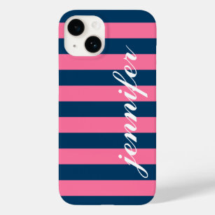 Coques Pour iPhone Pink and Navy Stripes Custom Script Monogramme Nom