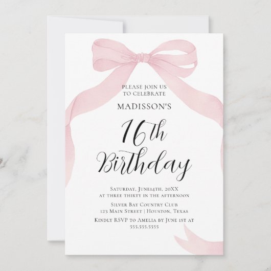 Coquete pink bow Birthday invitation Kaart (Voorkant)