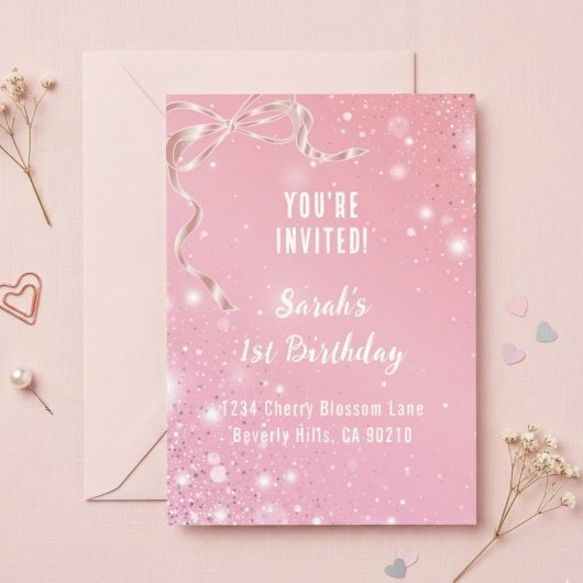 Coquette 1st Birthday Invitations Pink Bow
