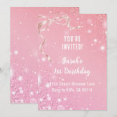 Coquette 1st Birthday Invitations Pink Bow  (Devant / Derrière)