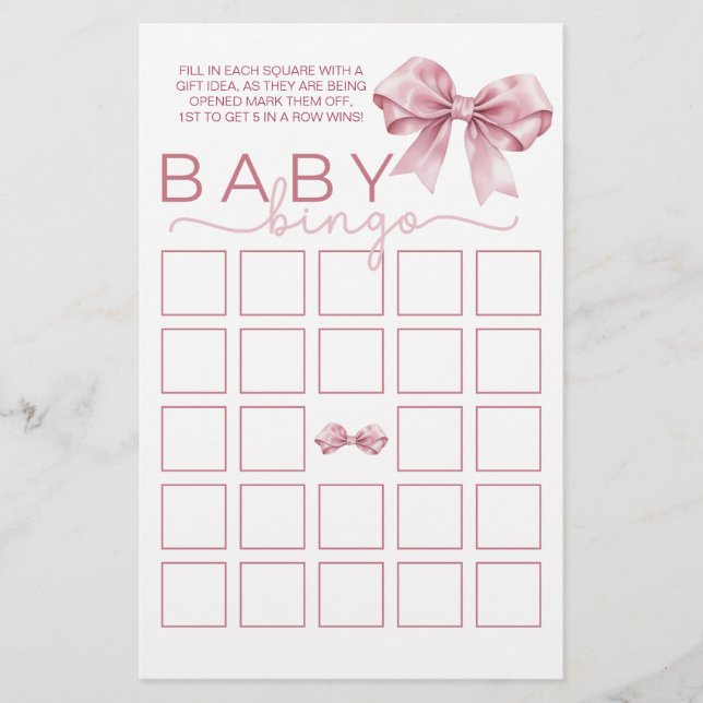 Coquette Baby shower Bingo Game – Elegante Roze Bo (Voorkant)