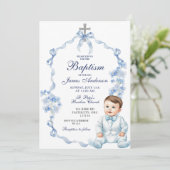 Coquette Baptême Bleu Fleur sauvage Invitation (Debout devant)