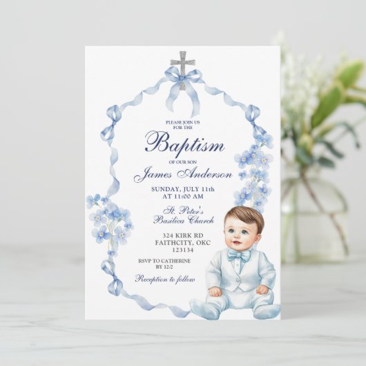 Coquette Baptême Bleu Fleur sauvage Invitation (Debout devant)