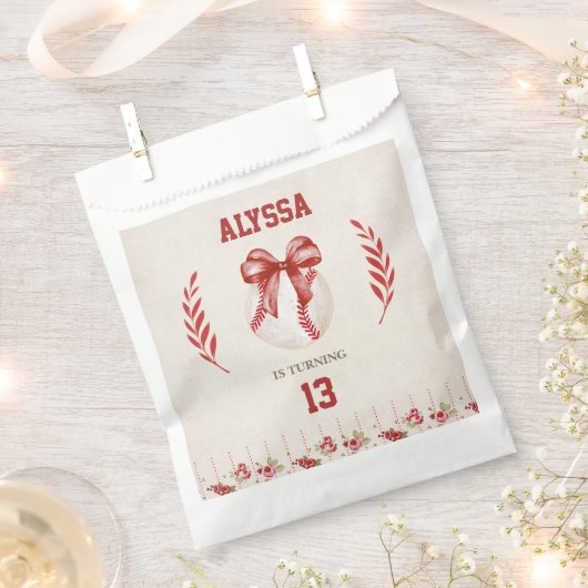 Coquette Baseball Red Bow Floral Verjaardag Bedankzakje (Geknipt)