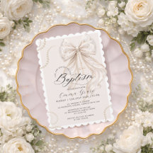 Coquette Beige Boog en Parel Doop Uitnodiging