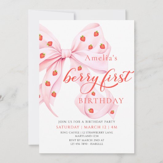 Coquette Berry Eerste Verjaardag Aardbei Uitnodigi Kaart (Voorkant)