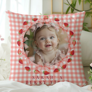 Coquette Berry Eerste Verjaardag Rood Gingham Foto Kussen