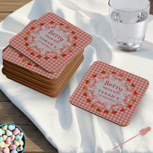 Coquette Berry Eerste Verjaardag Rood Gingham Vierkante Kartonnen Onderzetter