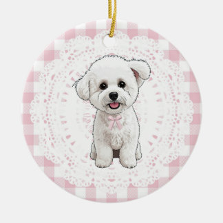 Coquette Bichon Frise Dog Pink Gingham Bows Keramisch Ornament