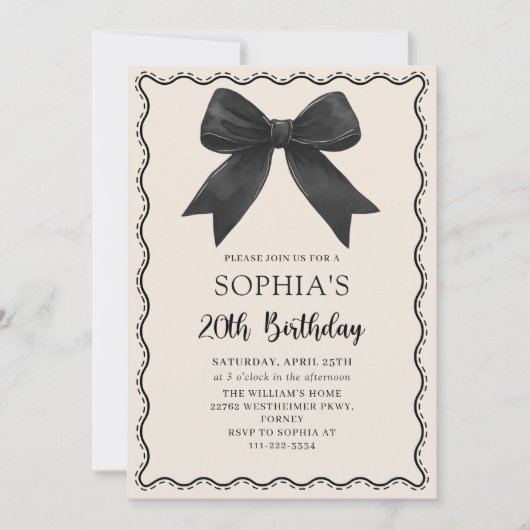 Coquette Black Bow 20th Birthday Party Invitation (Devant)