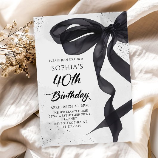 Coquette Black Bow 40th Birthday Party Invitation