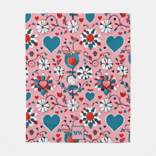 Coquette, bloemen en hart motief monogram fleece deken