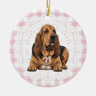 Coquette Bloodhound Dog Pink Gingham Bows Keramisch Ornament