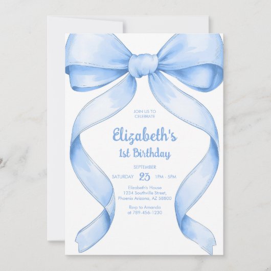Coquette Blue Bow Birthday Invitation (Devant)