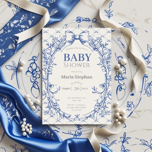  Coquette Blue Bow floral baby shower Kaart