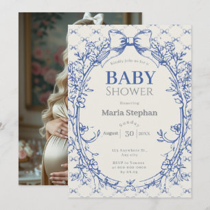 Coquette Blue Bow floral baby shower Kaart
