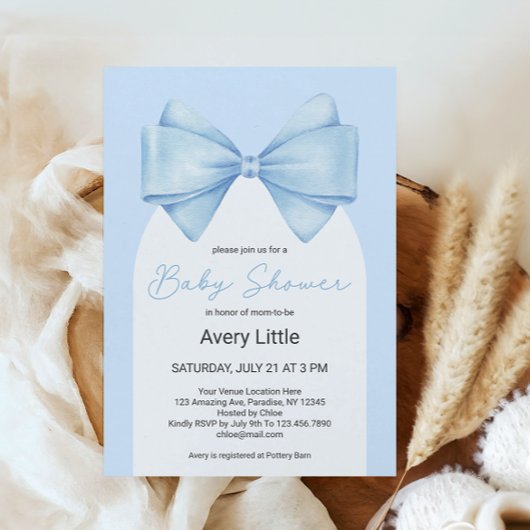 Coquette Blue Bow Modern Boy Baby shower Kaart