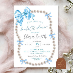 Coquette Blue Bow Pearl Bridal Showeuse Invitation
