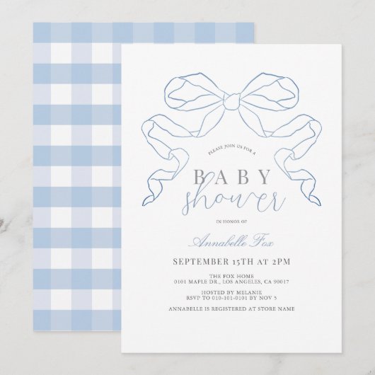 Coquette Blue Bow / Ribbon Boy Baby shower Kaart (Voorkant / Achterkant)