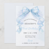 Coquette Blue Lace Bow Boy First Birthday Kaart (Voorkant / Achterkant)