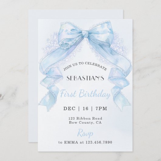 Coquette Blue Lace Bow Boy First Birthday Kaart (Voorkant / Achterkant)