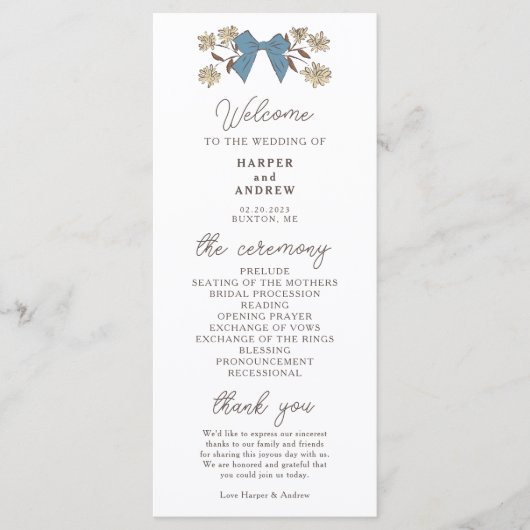 Coquette Blue Yellow Bows Wedding Ceremony Program Programma (Voorkant)