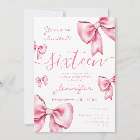 Coquette Blush Pink Bow Sweet 16 Party Kaart (Voorkant)